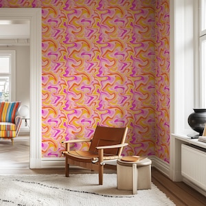Retro Tapete mit welligem Muster in orange und rosa – Funky 70er Jahre Muster Wandbild für farbenfrohe Interieurs