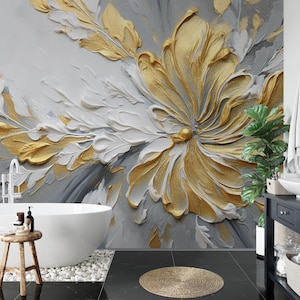 Gold Floral 3D Wall Mural – Textured Elegant Flower Wallpaper for Modern Interiors