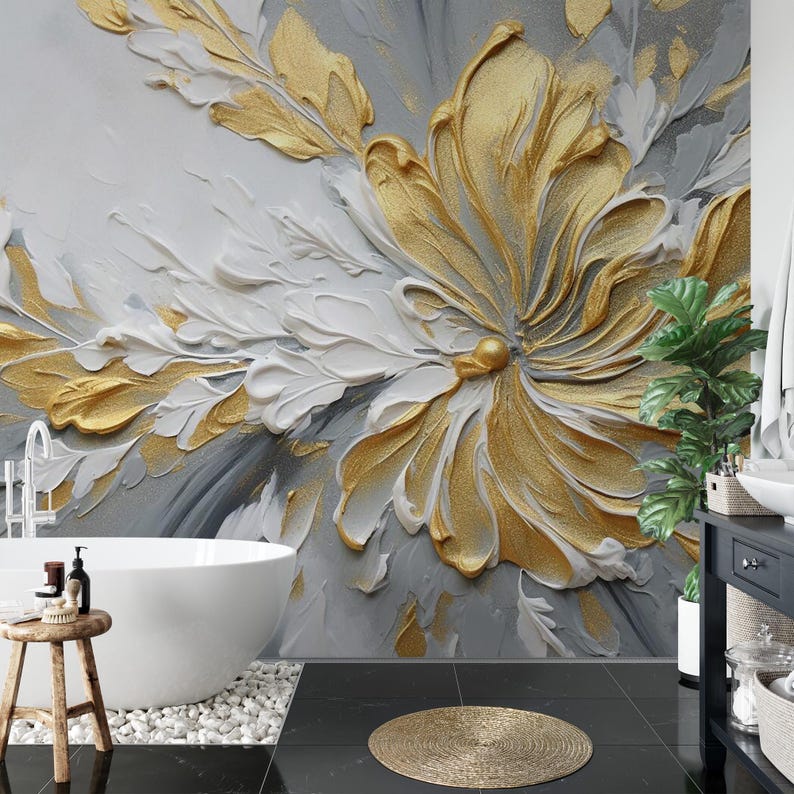 Gold Floral 3D Wall Mural – Textured Elegant Flower Wallpaper for Modern Interiors