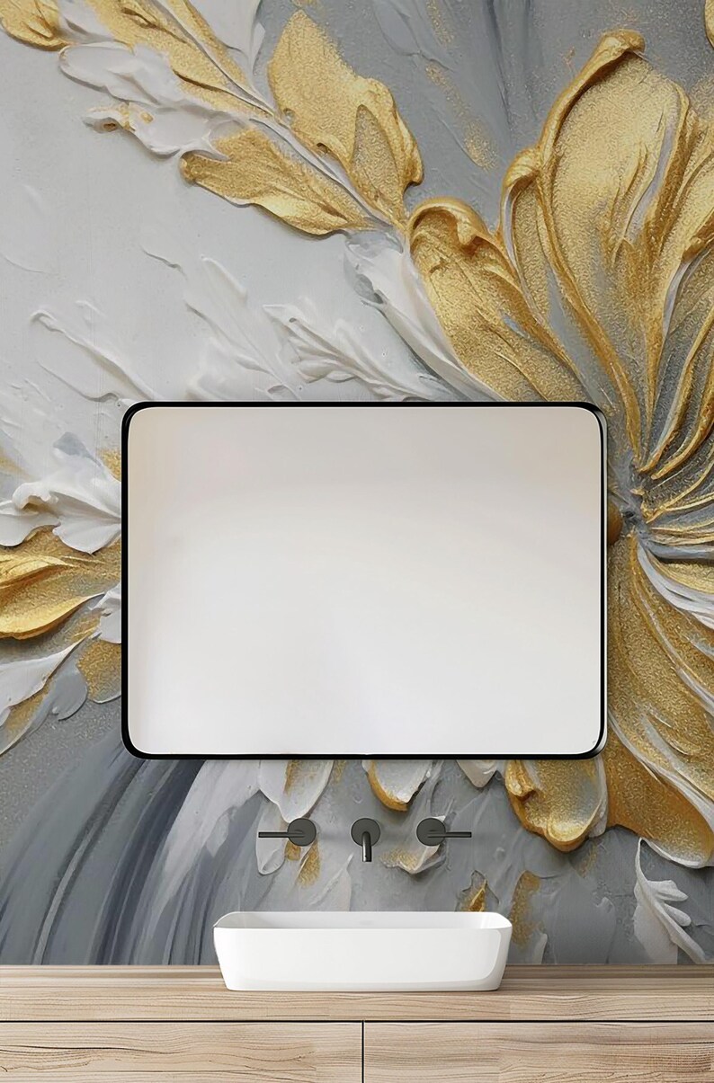 Gold Floral 3D Wall Mural – Textured Elegant Flower Wallpaper for Modern Interiors