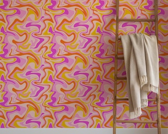 Papel pintado retro ondulado naranja y rosa: mural de pared con estampado original de los años 70 para interiores coloridos.