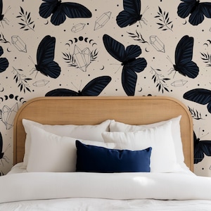 Mystical Black Butterfly Wallpaper – Gothic Boho Wall Mural with Moon Phases & Crystals – Dark Aesthetic Room Decor