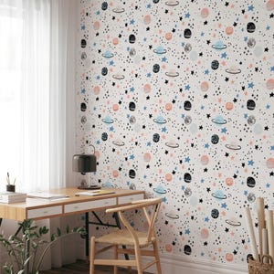 Kids Space Wallpaper Mural: Planet, Star, UFO - Peel & Stick or Paste