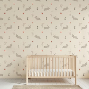 Bunny Nursery Wallpaper Mural: Woodland Rabbit, Mushrooms, Neutral Kids Decor