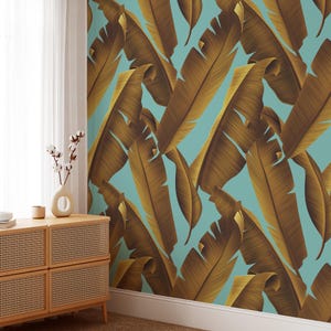 Banana Leaf Wallpaper: Gold & Teal Tropical Peel and Stick Wall Mural