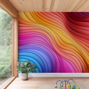 3D Wave Mural Wallpaper: Rainbow Wall Art, Kids Room Decor