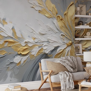 Gold Floral 3D Wall Mural – Textured Elegant Flower Wallpaper for Modern Interiors