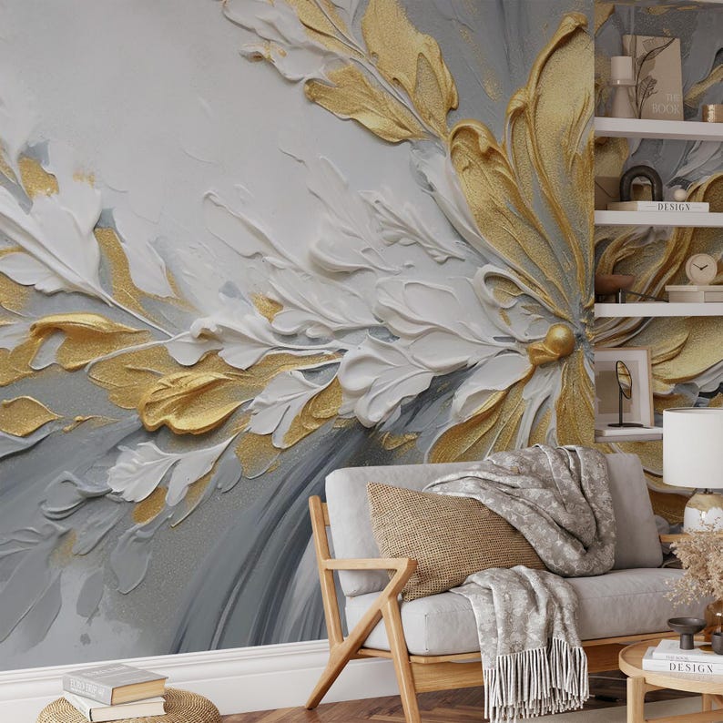 Gold Floral 3D Wall Mural – Textured Elegant Flower Wallpaper for Modern Interiors