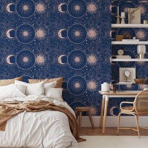 Carta da parati con zodiaco celeste - Carta da parati mistica con luna e sole per un arredamento boho o spirituale