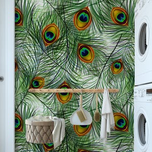 Peacock Feather Wallpaper: Green Boho Removable Wall Mural