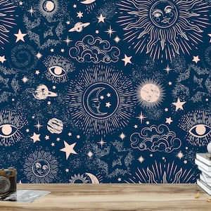 Carta da parati celeste staccabile e attaccabile - Murale con sole, luna e stelle cosmiche per decorazioni boho, per adolescenti o per la stanza della meditazione