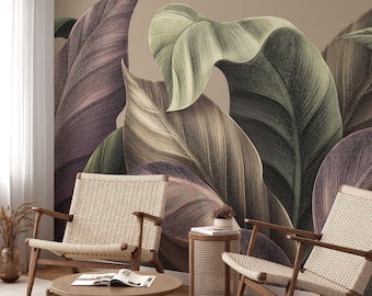 Tropical Leaf Peel and Stick Wallpaper Mural: 3D Botanical Accent Wall Decor