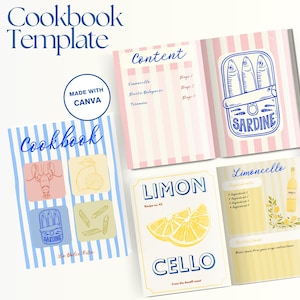 Op de afbeelding: Een kookboek sjabloon met een blauw-wit gestreepte omslag en het woord "Cookbook" in script. Binnenin tonen pagina's illustraties van sardines, citroenen en pasta. De tekst bevat "Limoncello" en "Sardine".