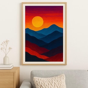 Vibrant Sunset Mountain Landscape Printable Wall Art – Bold Abstract Nature Print for Living Room or Office Decor – Instant Digital Download
