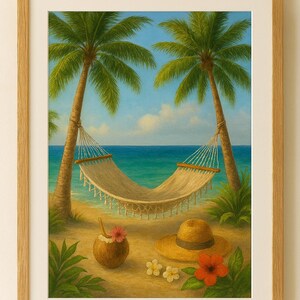 以下が含まれることがあります： 熱帯のビーチの風景を描いた額入りのプリント。砂浜に2本のヤシの木の間にはハンモックが吊るされている。麦わら帽子、ココナッツドリンク、花が砂の上に置かれている。背景には海と空が見える。