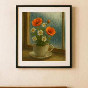 Teacup Flowers in the Rain – Cozy Window Scene Printable Wall Art | Floral Still Life Digital Download | Vintage-Inspired Cottagecore Decor