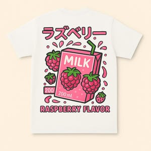 Camiseta de Leche de Frambuesa – Camiseta de Dibujos Animados de Estética Japonesa – Camiseta con Gráfico de Frutas Kawaii – Estilo Vaporwave Y2K – Idea de Regalo Unisex