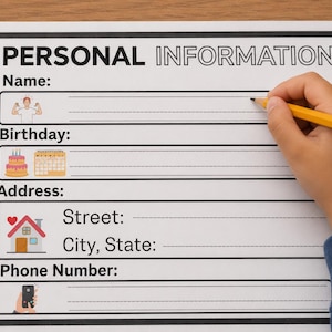 May include: A white sheet of paper with the words "PERSONAL INFORMATION" at the top. The form includes fields for name, birthday, address, and phone number. A hand holding a yellow pencil is writing on the form.