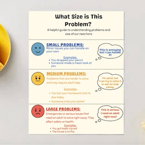 May include: A printed guide titled "What Size is This Problem?" with sections on small, medium, and large problems, each with examples and suggested reactions. A yellow teacup and saucer are in the upper left corner.
