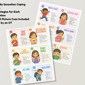 Puede incluir: Dos tarjetas blancas con ilustraciones coloridas y texto sobre sensaciones corporales. Las tarjetas incluyen ilustraciones de niños que experimentan diferentes sensaciones, como opresión en el pecho, latidos cardíacos rápidos y manos temblorosas. El texto en las tarjetas incluye "18 tarjetas de afrontamiento de sensaciones corporales".