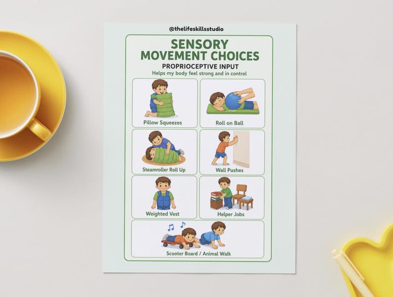May include: A light green poster with the text "Sensory Movement Choices" and illustrations of various activities. The poster includes images of children performing exercises like pillow squeezes, rolling on a ball, and using a scooter board.