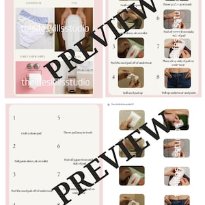 May include: A pink infographic with the text "TO COMPLETE THE TASK I NEED" and instructions for changing a pad. The image includes underwear, pads, and toilet paper. The steps are numbered and illustrated.