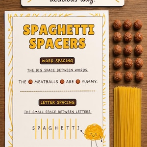 May include: An educational activity sheet titled SPAGHETTI SPACERS with text explaining word and letter spacing using meatball and spaghetti illustrations. Includes a bundle of dry spaghetti noodles and small brown spherical tokens for practice.