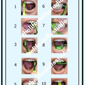 May include: A poster titled "HOW TO BRUSH YOUR TEETH" with numbered steps. The steps show how to brush teeth with a green toothbrush. The poster has a light blue background and a black border. The text "thelifeskillsstudio" is watermarked on the image.