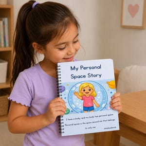 May include: A spiral-bound book titled "My Personal Space Story" held by a young person. The cover features an illustration of a cartoon girl inside a blue bubble, with planets and stars. The text below reads, "I have a body, and my body has personal space."