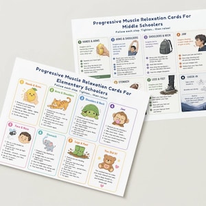Könnte beinhalten: Zwei Entspannungskarten-Sets für Kinder, konzipiert für progressive Muskelentspannung. Die Karten zeigen illustrierte Schritte zur Muskelentspannung, einschließlich Hände, Arme, Schultern, Nacken, Kiefer, Beine und Füße. Die Karten sind weiß mit farbigen Illustrationen und Text.