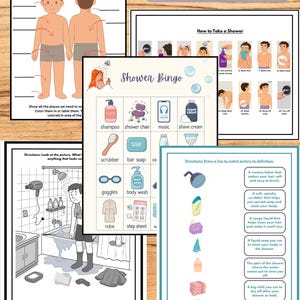 May include: Educational shower skill-building activities for kids. Includes diagrams of the human body, a shower bingo game, and instructions on how to take a shower. Also includes matching exercises and safety tips.