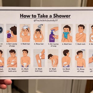 May include: A white instructional poster titled "How to Take a Shower" with 16 illustrated steps. The steps include turning on the shower, washing hair, and rinsing off soap. The text "@TheLifeSkillsStudioByOT" is also present.