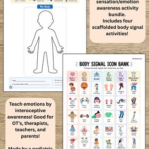 Tabla de sensaciones corporales y emocionales para niños / Actividad de interocepción de sentimientos / Actividad de regulación / Recurso de aprendizaje socioemocional para terapia y aula