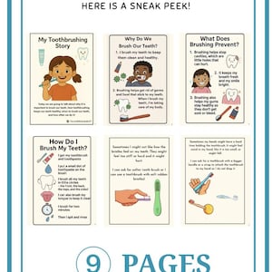 May include: A colorful educational poster with the text "HERE IS A SNEAK PEEK!" and illustrations about brushing teeth. The poster includes text and images explaining why and how to brush teeth, and what brushing prevents. The poster has 9 pages.