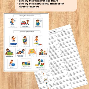 Può includere: Un volantino stampato intitolato "Full Sensory Diet Made By An Occupational Therapist" con illustrazioni di attività come giubbotti zavorrati e rotolamento di palle. Include una tabella di scelta visiva e istruzioni.