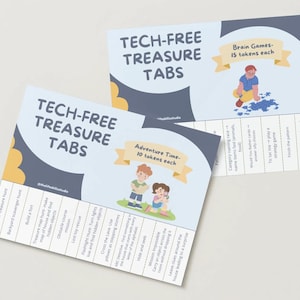May include: Two Tech-Free Treasure Tabs cards with illustrations and text. One card features "Adventure Time" with 10 tokens, and the other "Brain Games" with 15 tokens. The cards list various activities like scavenger hunts and strategy games.