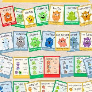 Könnte beinhalten: Ein Set von 14 Emotions- und Bewältigungskarten. Jede Karte zeigt ein farbenfrohes Monster, das eine Emotion wie Wut oder Freude darstellt. Die Karten enthalten auch Bewältigungsstrategien. Die Karten sind für Bildungszwecke konzipiert.