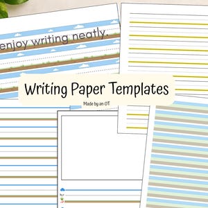 May include: A collection of writing paper templates featuring various line styles, including sheets with blue sky and brown ground graphics, yellow and blue horizontal lines, and a blank rectangular space for drawing above lined sections.