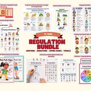 May include: A collection of educational materials for emotional regulation, including cards, charts, and games. The bundle features visuals and activities for managing emotions, sensations, and coping strategies. The title "Regulation Bundle" is prominently displayed.