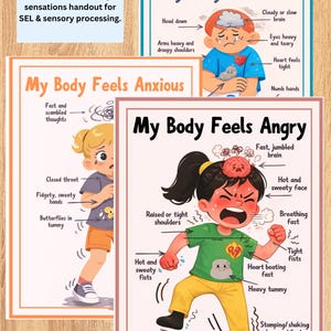 May include: Three educational posters showing body sensations linked to emotions. The posters, titled "My Body Feels Sad," "My Body Feels Anxious," and "My Body Feels Angry," feature cartoon children and descriptive text. The text "7 Emotions and body sensations handout for SEL & sensory processing" is also present.