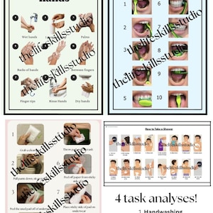 May include: Four instructional diagrams with text: "How to wash your hands," "How to brush your teeth," "Period changes," and "How to take a shower." Each diagram shows numbered steps with illustrations. The diagrams are labeled "thelifeskillsstudio."