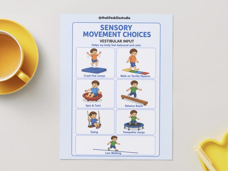 May include: A light blue poster with the text "SENSORY MOVEMENT CHOICES" and illustrations of children performing various activities. The poster includes the text "VESTIBULAR INPUT" and "Helps my body feel balanced and calm". A yellow cup and saucer are in the upper left corner.