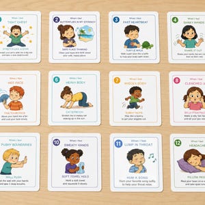 May include: A set of twelve illustrated cards with various coping strategies for children. Each card features a child demonstrating a specific technique, such as deep breathing or a cat stretch. The cards are numbered and include text descriptions.