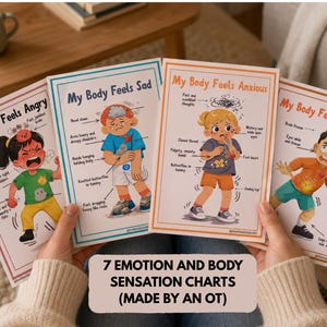 May include: Four colorful emotion and body sensation charts are held in front of a person. Each chart features a cartoon illustration of a child experiencing an emotion, with corresponding physical sensations. The charts are labeled "My Body Feels Angry," "Sad," "Anxious," and "Scared."