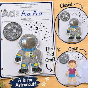 Op de afbeelding: Een knutselactiviteitenblad voor kinderen met de tekst "A is for Astronaut!" toont een astronautenillustratie, een glinsterende maan en de letters "Aa". Het blad bevat instructies voor "Flip Fold Craft!" en "Trace the letters."
