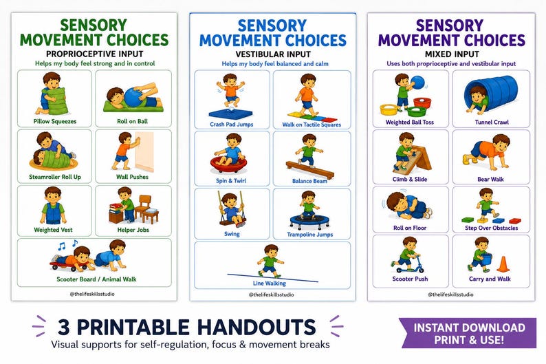 May include: Three printable handouts with sensory movement choices for self-regulation. The handouts feature illustrations of activities like pillow squeezes, crash pad jumps, and tunnel crawls. Text includes "Instant Download Print & Use!"