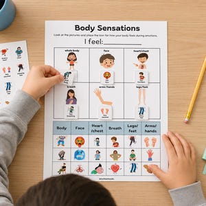 May include: A child's hands interacting with a "Body Sensations" worksheet. The worksheet features illustrations and the text "I feel:" and "Body Sensations". Stickers and a pencil are also visible on a wooden surface.