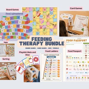 Puede incluir: Un paquete de terapia de alimentación que incluye una colección de materiales educativos como un juego de mesa Food Adventure, juegos de cartas, un pasaporte de alimentos, hojas de clasificación, tapetes para plastilina, dados y una escalera.