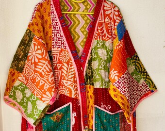 Assorted Handmade Patchwork Kantha Jacket – 1 Pcs Boho Upcycled Cotton Kimono Style unisex gift