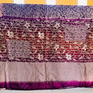 Vintage Floral Print Silk Saree: Maroon Embroidery, Upcycled Fabric